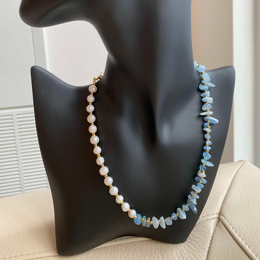 Coastal Serenity: Genuine Aquamarine & genuine Pearl Necklace